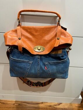 Levi's Orange Leather and Blue Denim Convertible Satchel